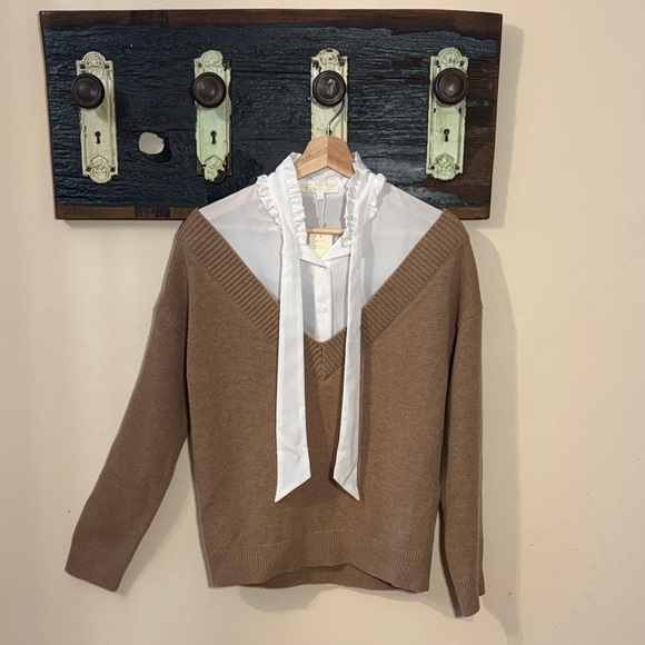 Maje Mirelle Camel Mock Layered Blouse and Wool V-Neck Sweater Pullover Size 2 - Picture 2 of 16